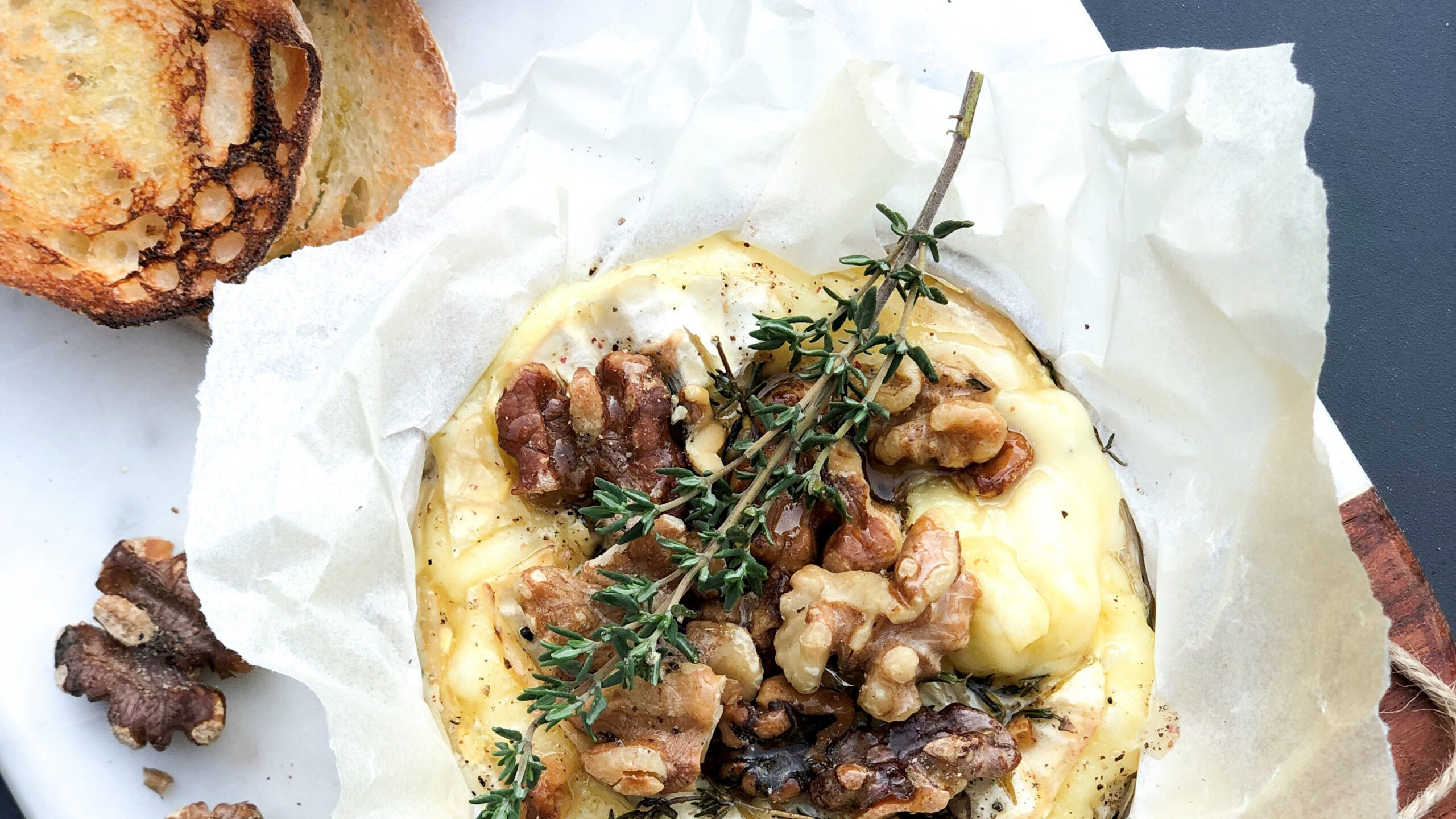 Baked King Island Wickham Double Brie with Walnuts, Thyme & Honey
